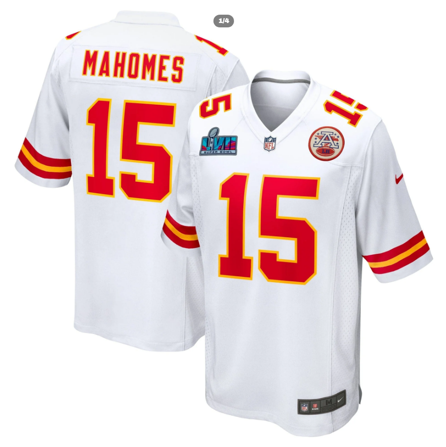 Patrick Mahomes Kansas City Chiefs Nike Super Bowl LVII Patch Away Game Jersey - White football jersey product view 1