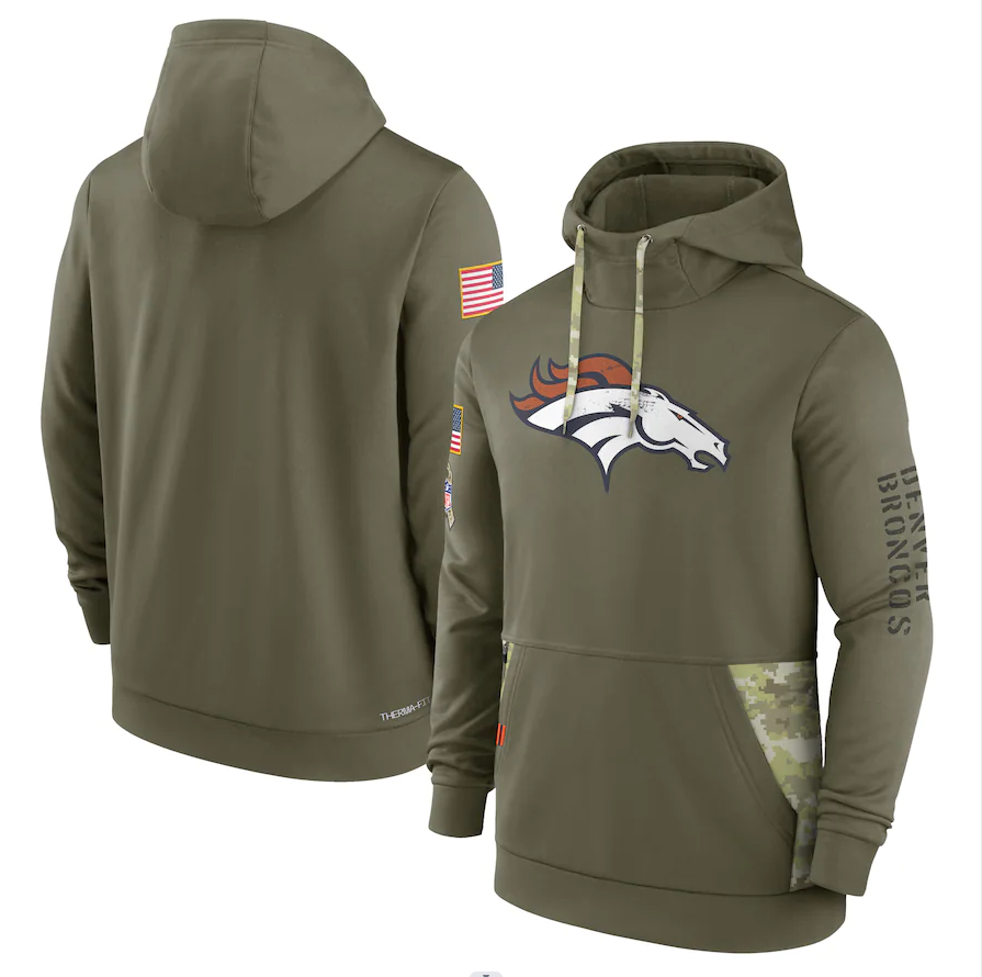 Men's Denver Broncos Olive 2022 Salute to Service Therma Performance Pullover Hoodie1 football jersey product view 1
