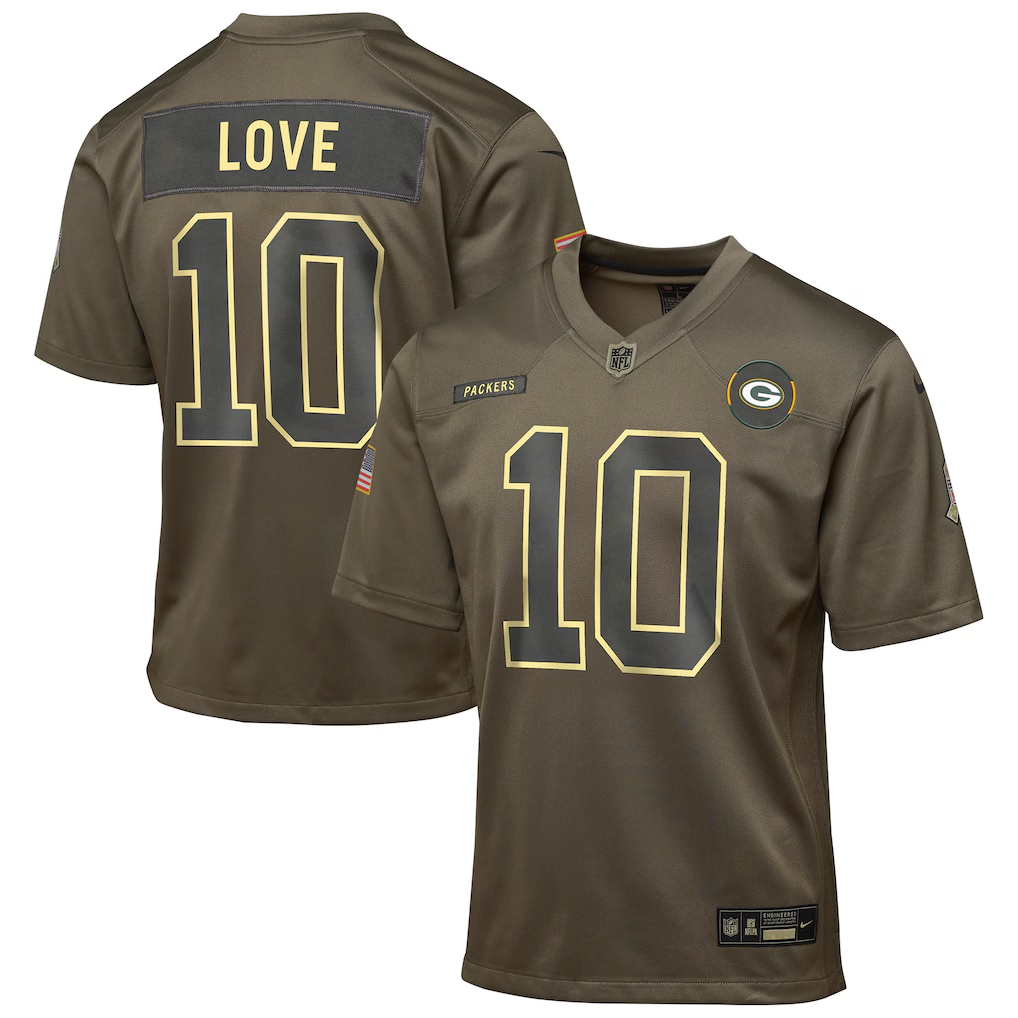 Youth Green Bay Packers Jordan Love Nike Olive 2025 Salute to Service Game Jersey basketball jersey product view 1