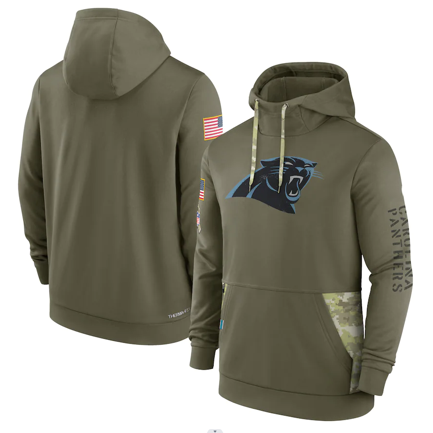 Men's Carolina Panthers Olive 2022 Salute to Service Therma Performance Pullover Hoodie1 football jersey product view 1