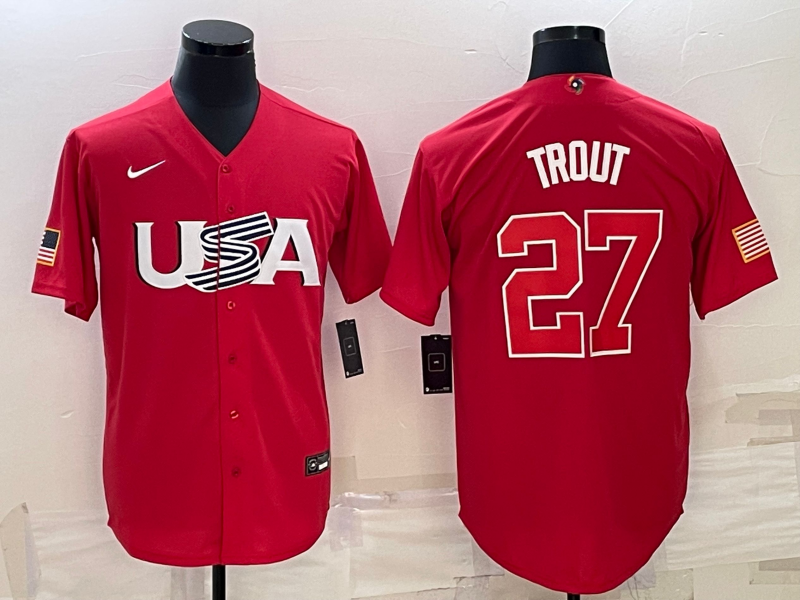 Men's 2023 World Baseball Classic #27 Mike Trout USA Red Jersey1 baseball jersey product view 1