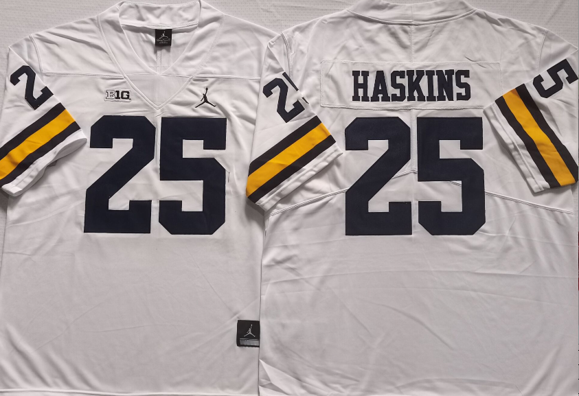 Men's Michigan Wolverines Hassan Haskins #25 White Alumni Player Game Jersey sports jersey product view 1