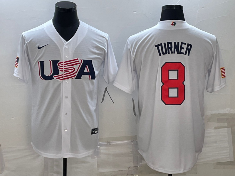 Men's 2023 World Baseball Classic #8 Trea Turner USA White Jersey1 baseball jersey product view 1