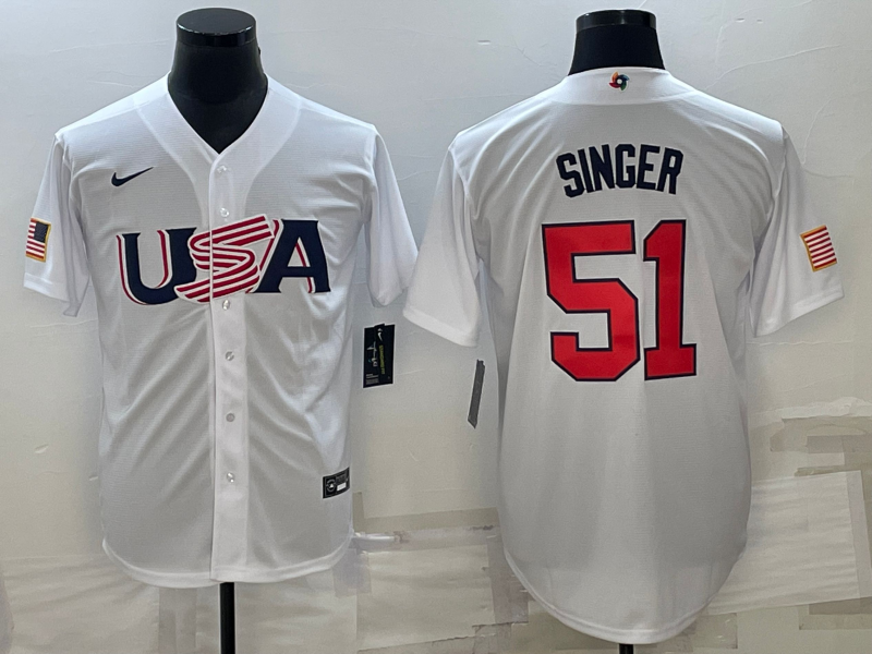 Men's 2023 World Baseball Classic #51 Brady Singer USA White Jersey1 baseball jersey product view 1