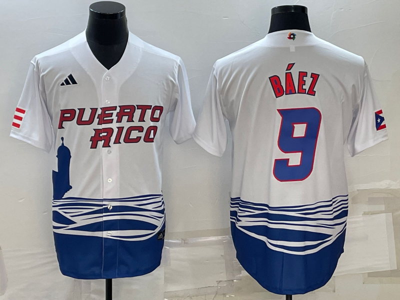 Men's 2023 World Baseball Classic #9 Javier Baez Puerto Rico White Jersey1 baseball jersey product view 1