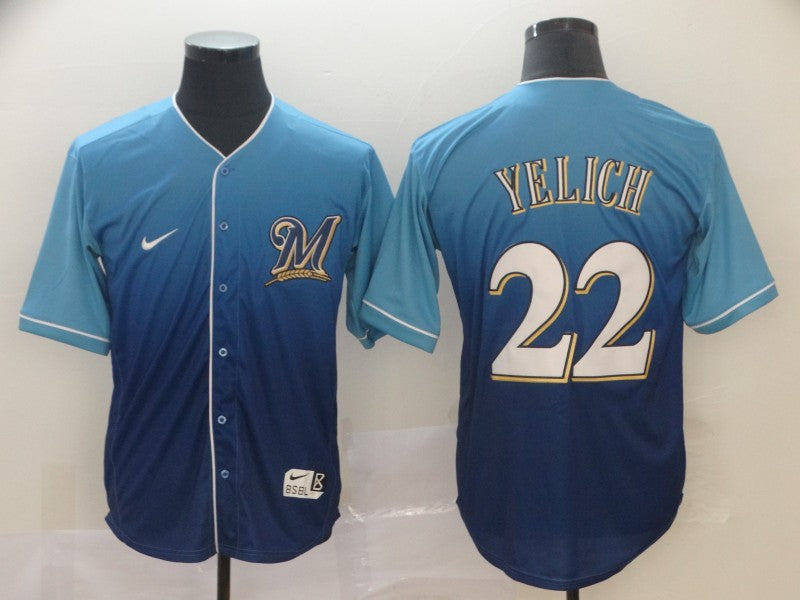 Men's Milwaukee Brewers Christian Yelich #22 MLB Blue Gradient Jersey baseball jersey product view 1