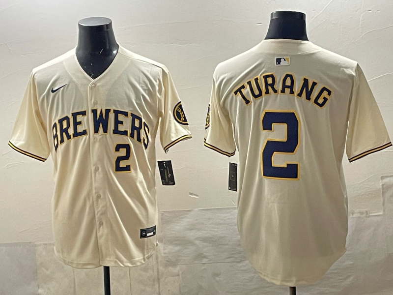 Men's Milwaukee Brewers Brice Turang #2 Cream Home Replica Player Jersey baseball jersey product view 1
