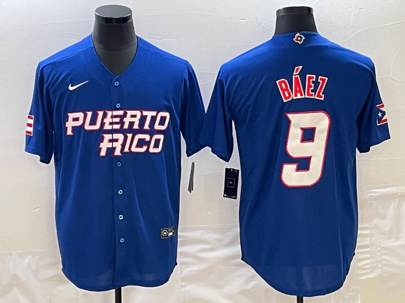 Men's 2023 World Baseball Classic #9 Javier Baez Puerto Rico Blue Jersey1 baseball jersey product view 1