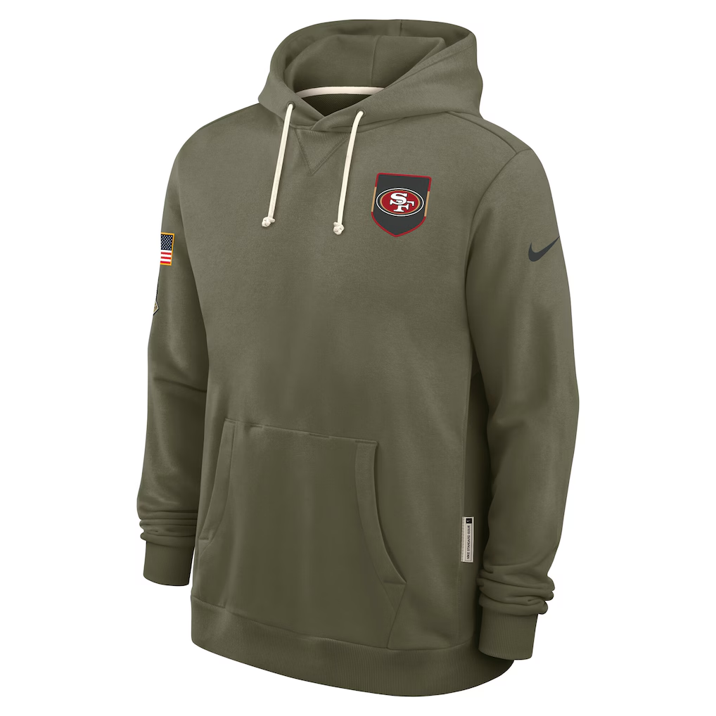 Men's San Francisco 49ers Nike Olive 2025 Salute to Service Sideline Standard Issue Dri-FIT Hoodie football jersey product view 1