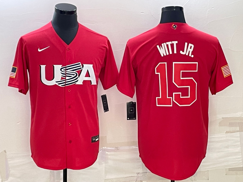 Men's 2023 World Baseball Classic #15 Bobby Witt Jr. USA Red Jersey1 baseball jersey product view 1