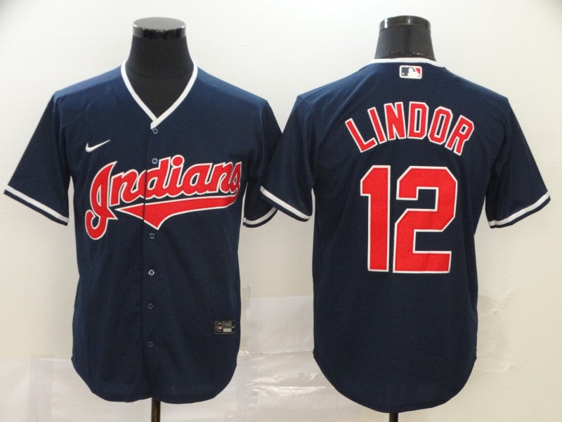 Men's Cleveland Guardians Francisco Lindor #12 Navy Replica Baseball Jersey baseball jersey product view 1