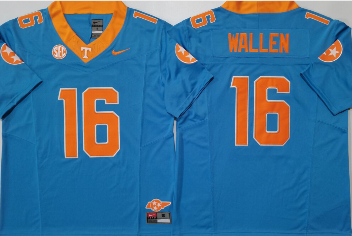 Men's Tennessee Volunteers Morgan Wallen #16 Blue Game Jersey sports jersey product view 1