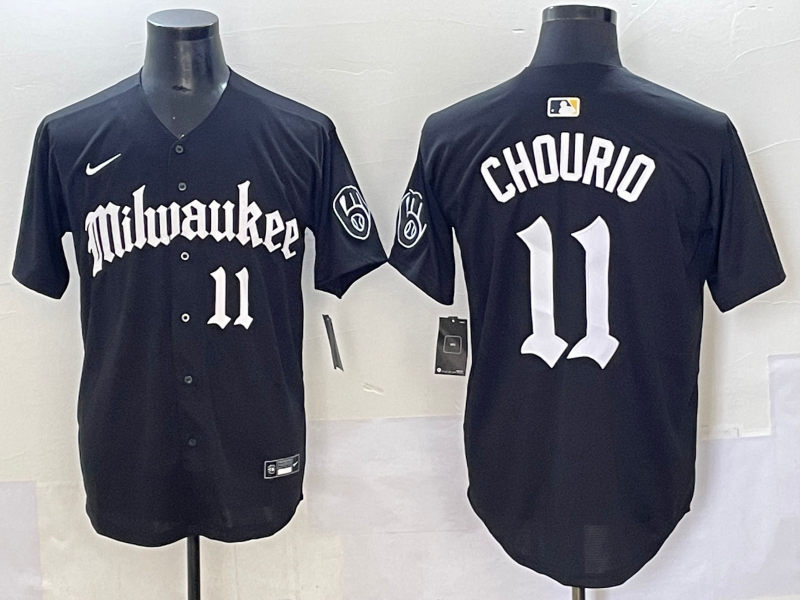 Men's Milwaukee Brewers Jackson Chourio #11 Black Replica Team Jersey baseball jersey product view 1