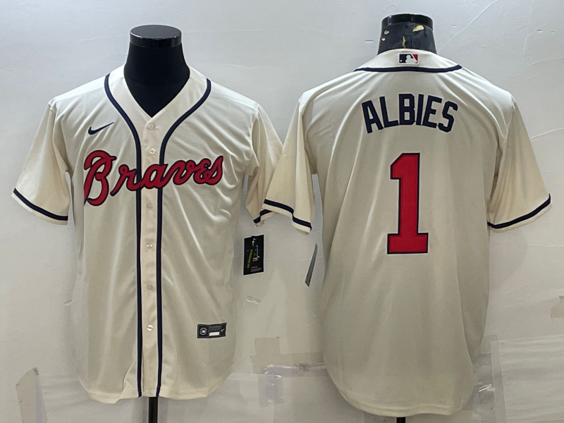 Men's Atlanta Braves Ozzie Albies #1 Beige Replica Player Jersey1 baseball jersey product view 1