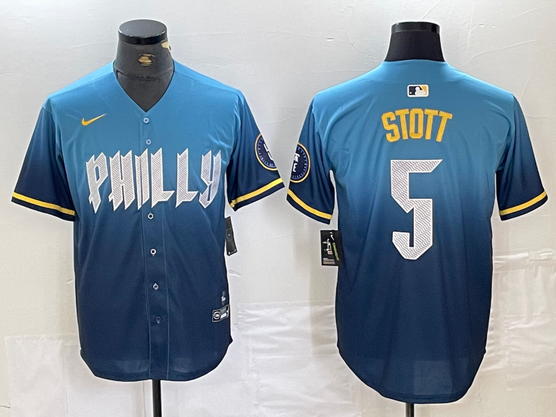 Men's Philadelphia Phillies Bryson Stott #5 Blue 2024 City Connect Limited Player Jersey1 baseball jersey product view 1
