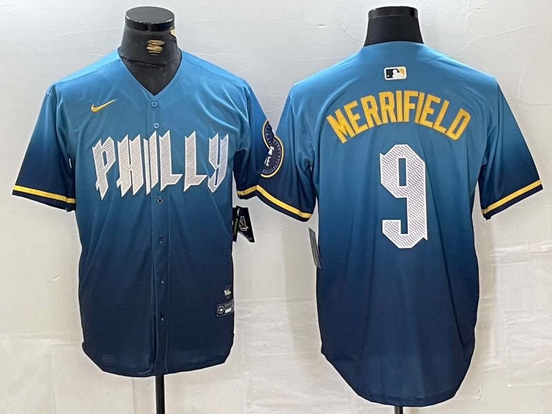 Men's Philadelphia Phillies Whit Merrifield #9 Blue 2024 City Connect Limited Player Jersey1 baseball jersey product view 1