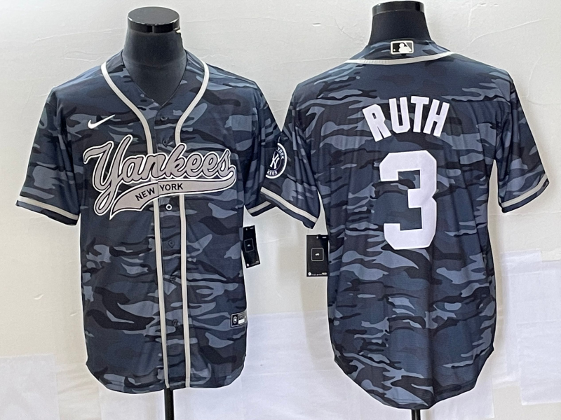 Men's New York Yankees Babe Ruth #3 Grey Camouflage Player Jersey1 Joint Edition baseball jersey product view 1