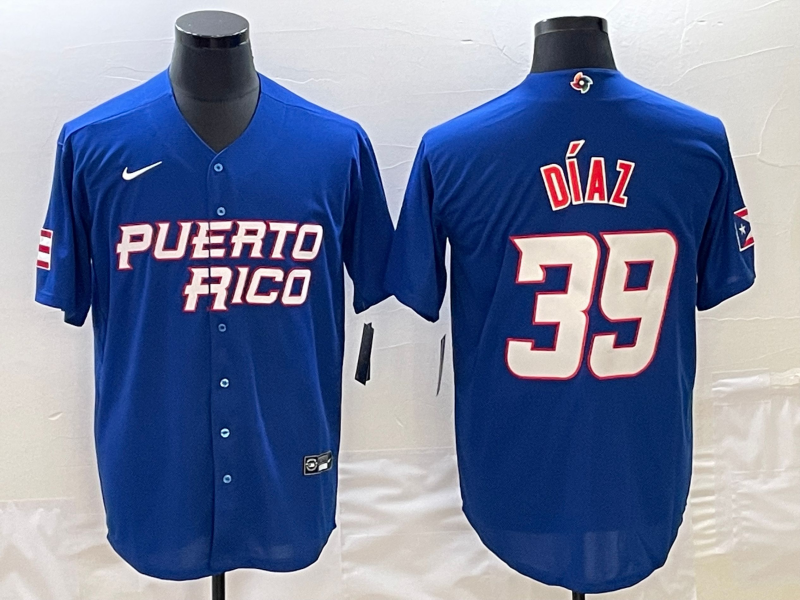 Men's 2023 World Baseball Classic #39 Edwin Diaz Puerto Rico Blue Jersey1 baseball jersey product view 1