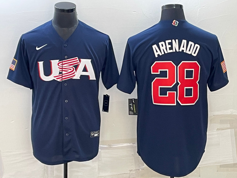 Men's 2023 World Baseball Classic #28 Nolan Arenado USA Navy Jersey1 baseball jersey product view 1