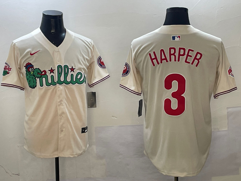 Men's Philadelphia Phillies Bryce Harper #3 Cream Replica Player Jersey1 baseball jersey product view 1