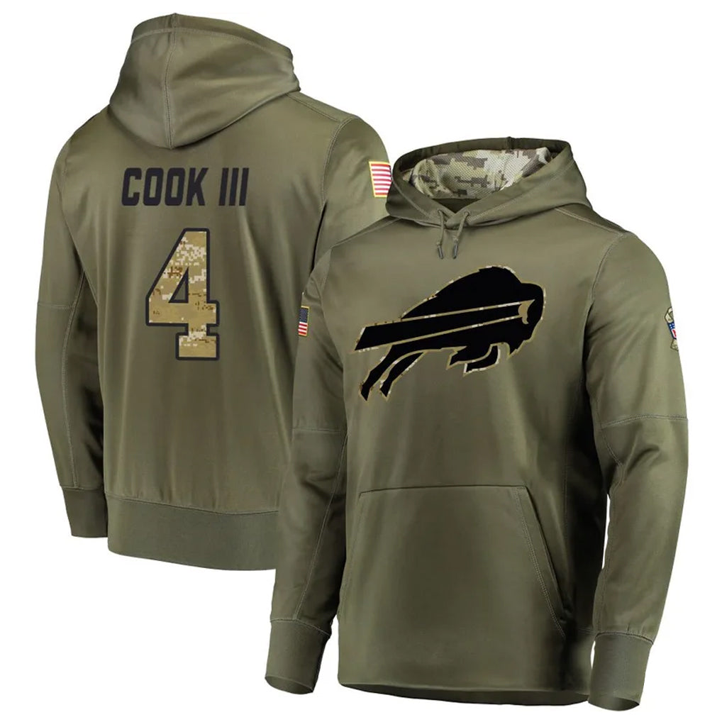 B.Bills #4 James Cook III Player Salute to Service Hoodies Olive Football Jerseys football jersey product view 1