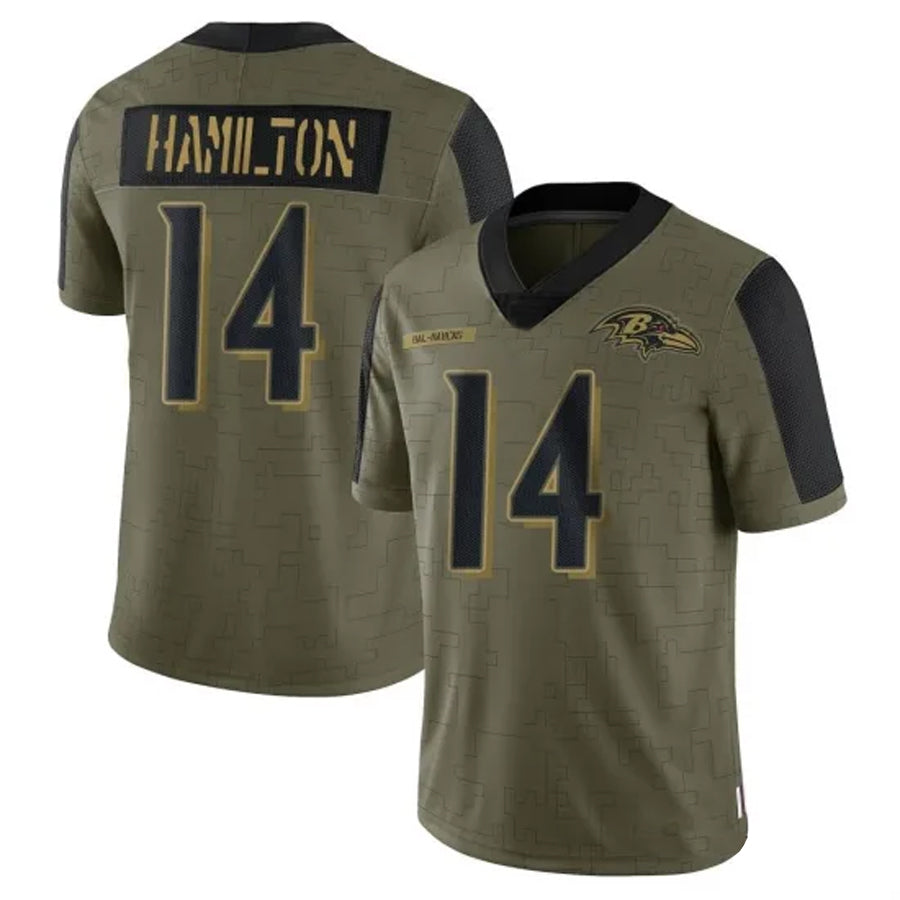 B.Ravens #14 Kyle Hamilton Player Limited Salute To Service Olive Football Jerseys football jersey product view 1