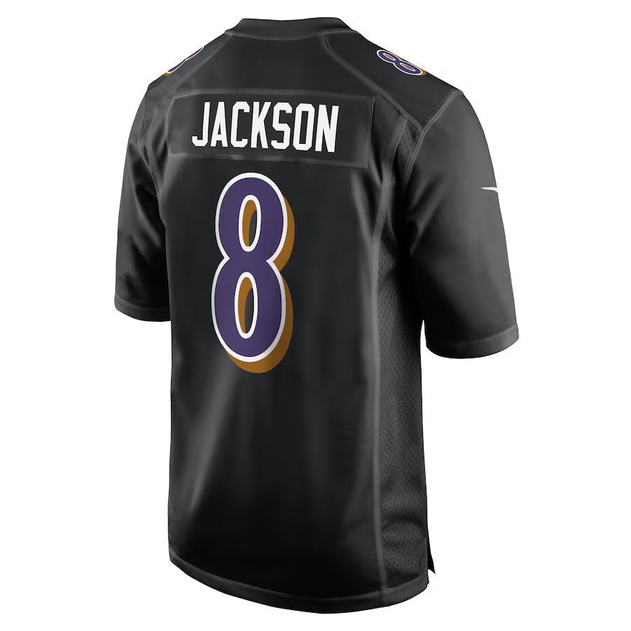 B.Ravens #8 Lamar Jackson Player Carbon Black Fashion Football Jerseys football jersey product view 1