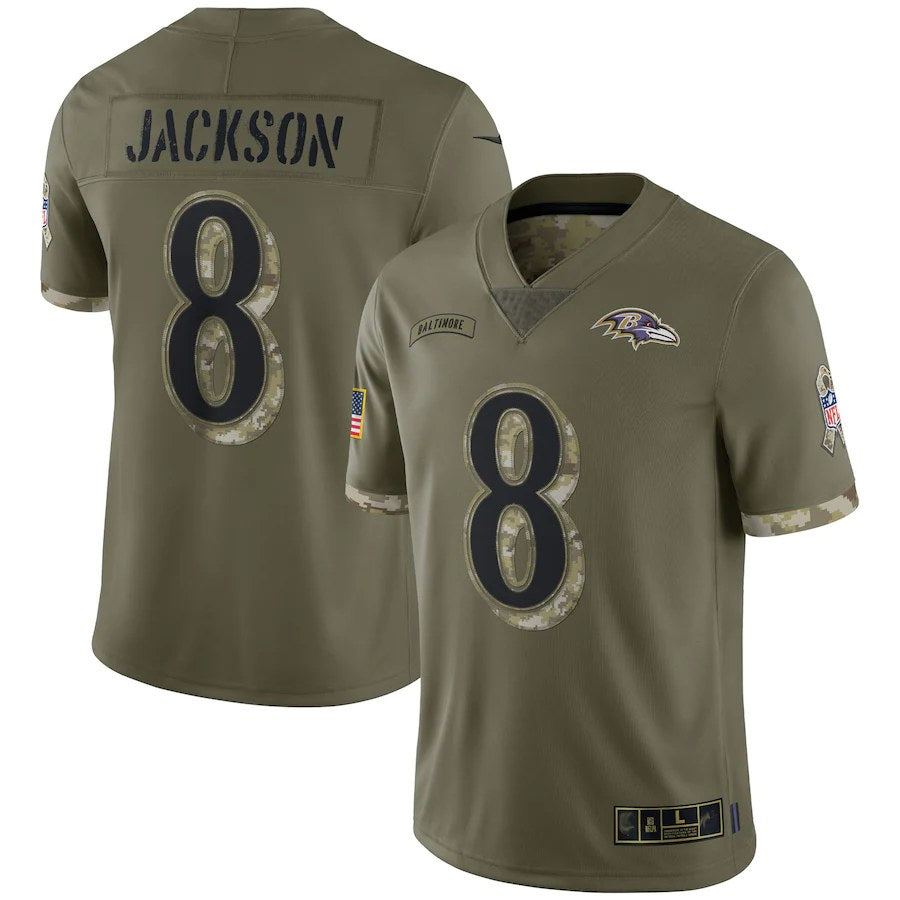 B.Ravens #8 Lamar Jackson Player Olive Salute To Service Football Jerseys football jersey product view 1