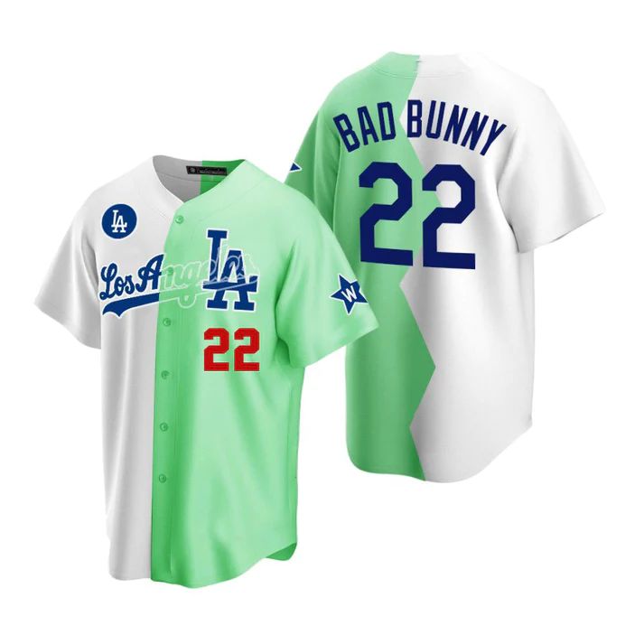 Los Angeles Dodgers #22 Bad Bunny White Green 2022 Stitched Split Jersey Baseball Jerseys baseball jersey product view 1