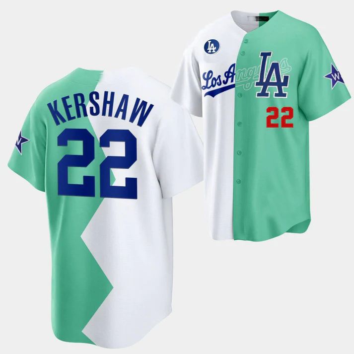 Los Angeles Dodgers #22 Clayton Kershaw White Green 2022 Stitched Split Jersey Baseball Jerseys baseball jersey product view 1