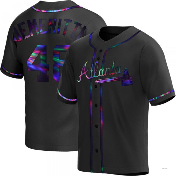 Atlanta Braves #48 Travis Demeritte Black Holographic Alternate Jersey Stitches Baseball Jerseys baseball jersey product view 1