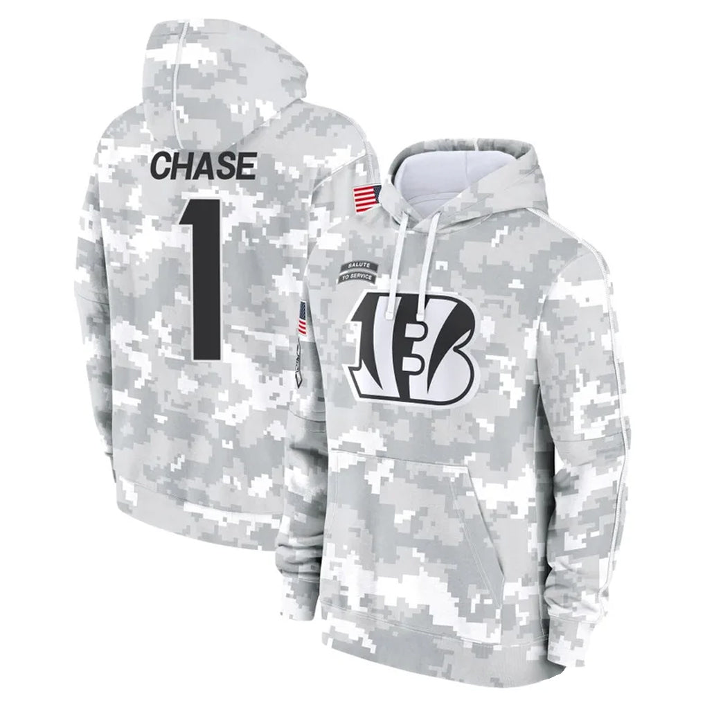 C.Bengals #1 Ja'Marr Chase Player Arctic Camo Salute to Service Pullover Hoodie Football Jerseys football jersey product view 1