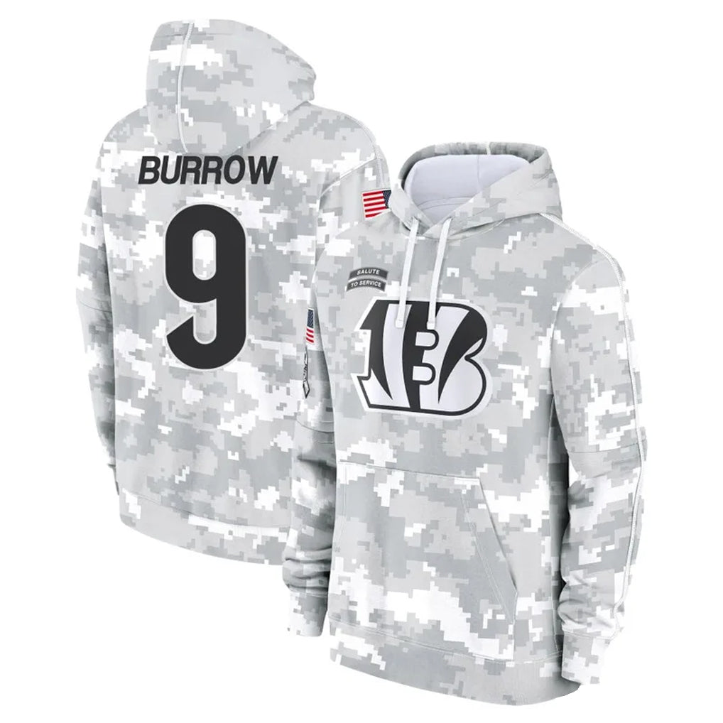 C.Bengals #9 Joe Burrow Player Arctic Camo Salute to Service Pullover Hoodie Football Jerseys football jersey product view 1