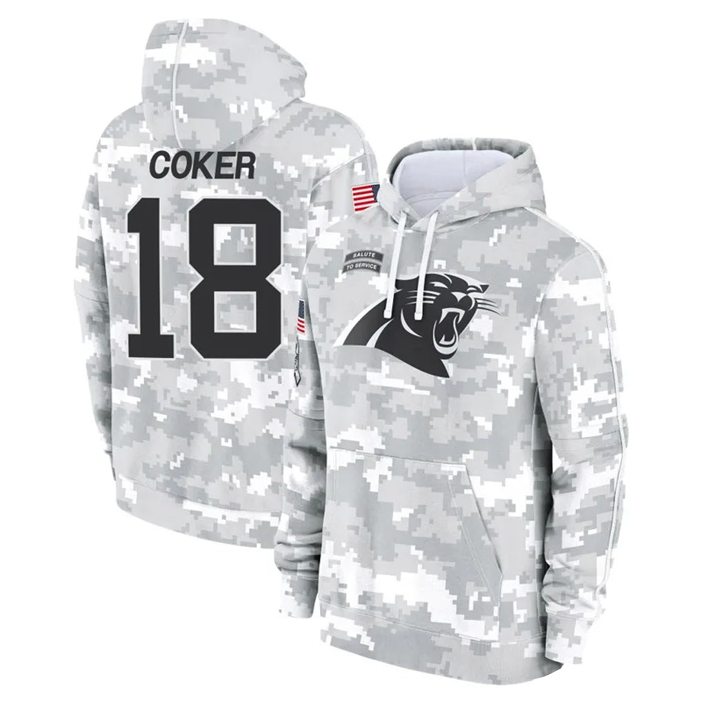 C.Panthers #18 Jalen Coker Player Arctic Camo Salute to Service Hoodies Football Jerseys football jersey product view 1