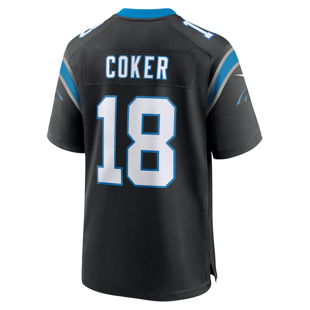 C.Panthers #18 Jalen Coker Player Black Home Game Football Jerseys football jersey product view 1