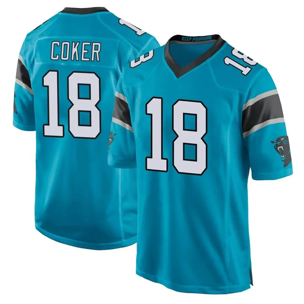 C.Panthers #18 Jalen Coker Player Blue Game Football Jerseys football jersey product view 1