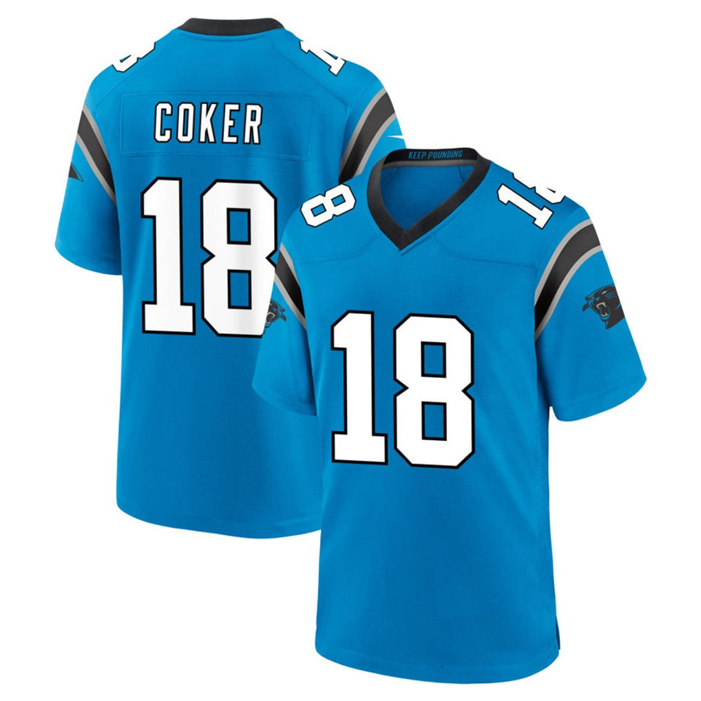 C.Panthers #18 Jalen Coker Player Blue Home Game Football Jerseys football jersey product view 1