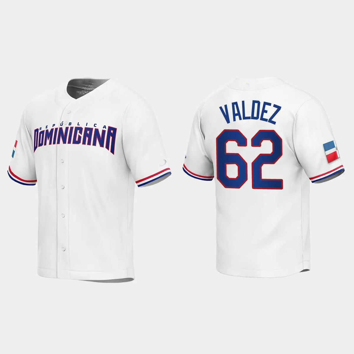 #62 CESAR VALDEZ DOMINICAN REPUBLIC BASEBALL 2023 WORLD BASEBALL CLASSIC REPLICA JERSEY ¨C WHITE Stitches Baseball Jerseys baseball jersey product view 1