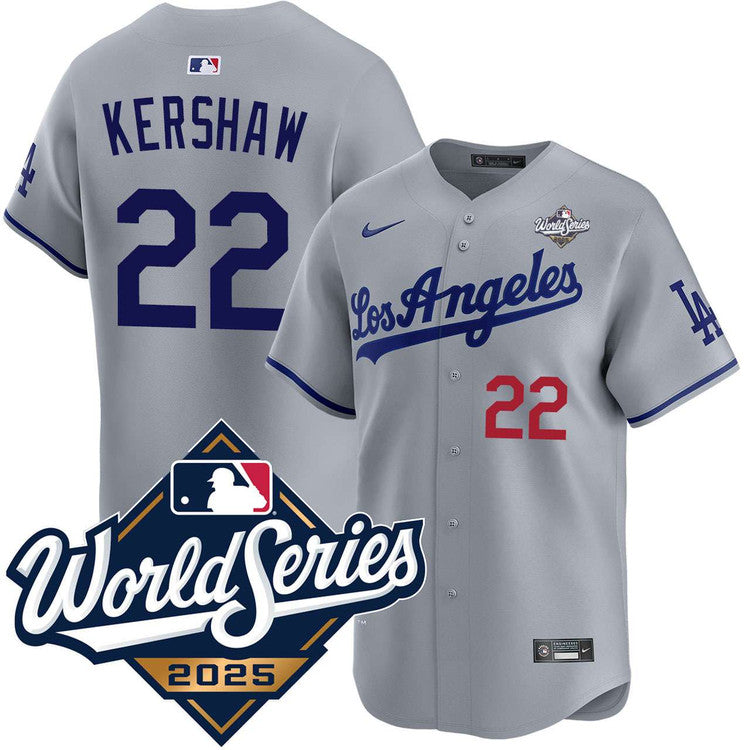 Clayton Kershaw Los Angeles Dodgers Road Limited 2025 World Series Jersey - Gray baseball jersey product view 1