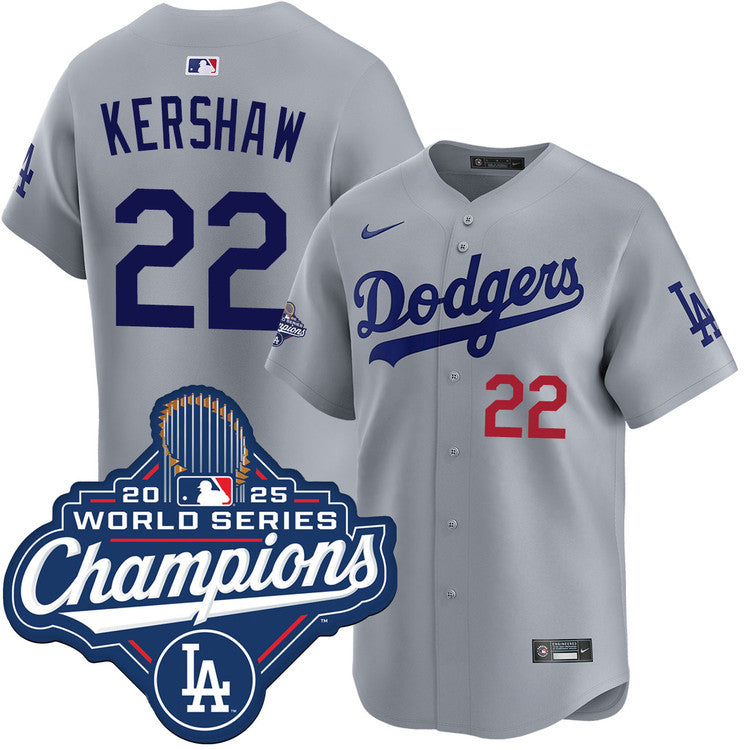 Clayton Kershaw Los Angeles Dodgers Alternate Road Limited 2025 World Series Champions Jersey - Gray baseball jersey product view 1