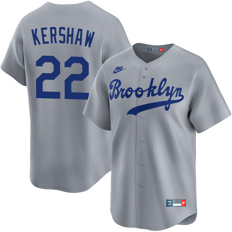 Clayton Kershaw Los Angeles Dodgers Cooperstown Brooklyn Road Jersey - Gray baseball jersey product view 1