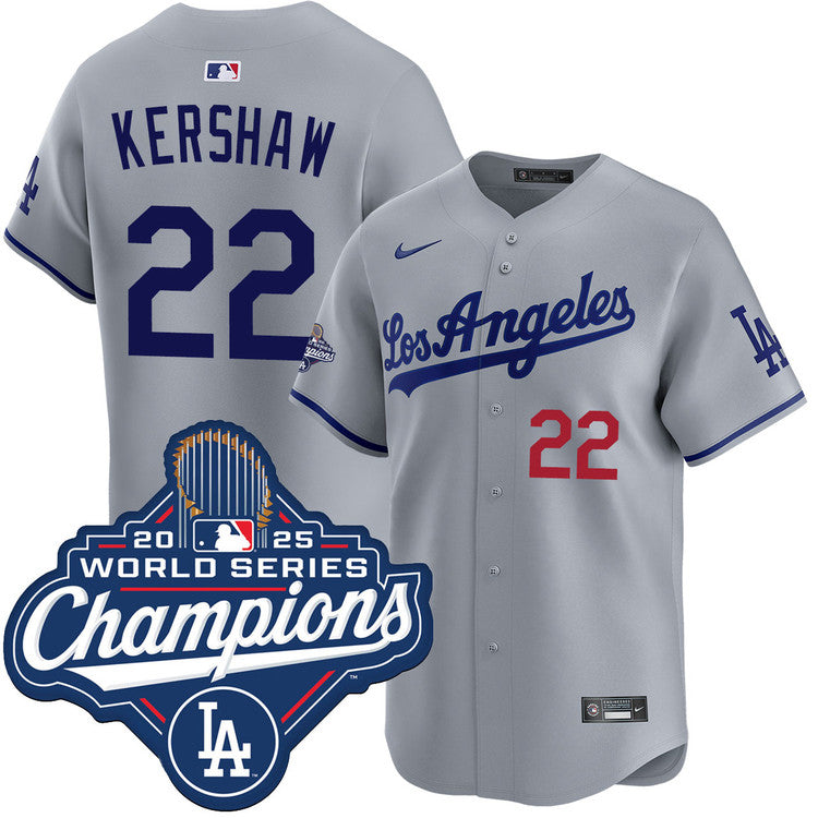 Clayton Kershaw Los Angeles Dodgers Road Limited 2025 World Series Champions Jersey - Gray baseball jersey product view 1