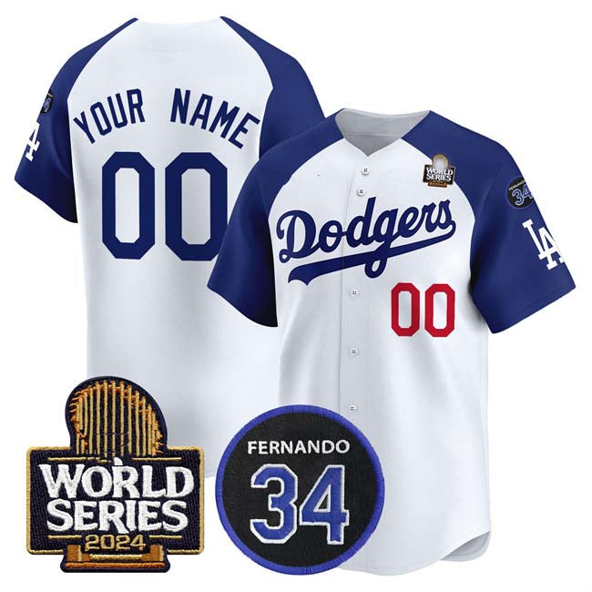 Custom Los Angeles Dodgers ACTIVE PLAYER White Royal 2024 World Series With Fernando Memorial Patch Limited Stitched Baseball Jersey baseball jersey product view 1