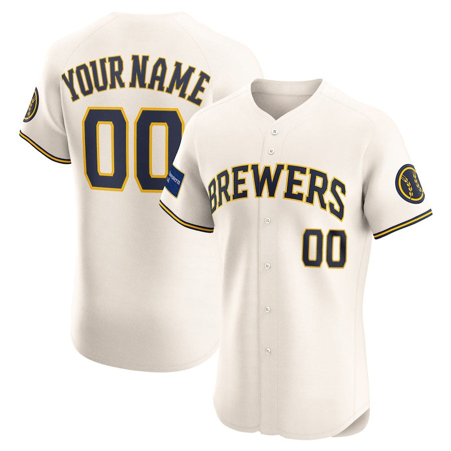 Custom Milwaukee Brewers Home Elite Sponsor Patch Jersey ¨C Cream Stitched Baseball Jersey baseball jersey product view 1