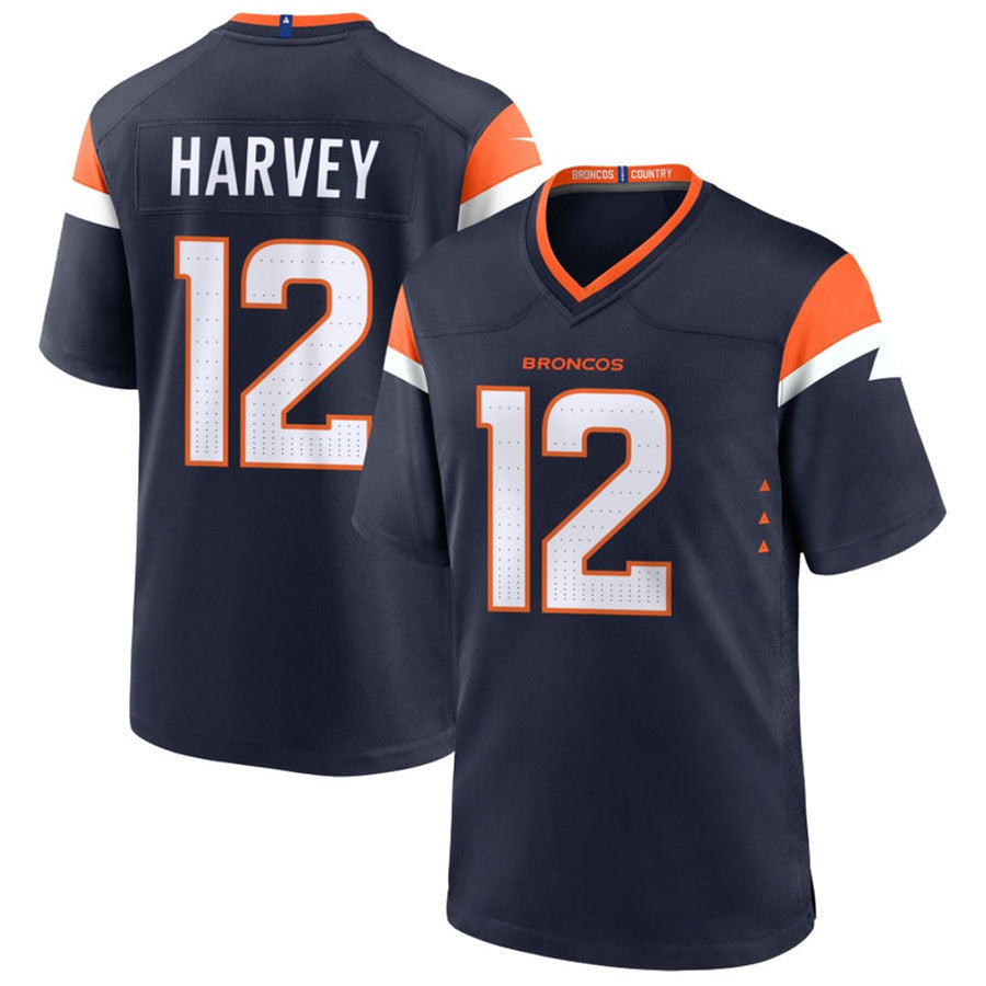 D.Broncos #12 RJ Harvey Player Navy Home Game Football Jerseys football jersey product view 1