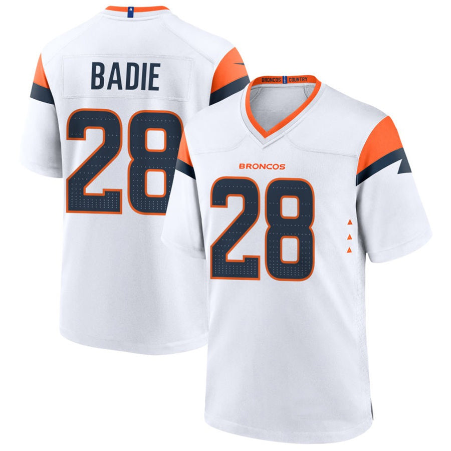 D.Broncos #28 Tyler Badie Player White Home Game Football Jerseys football jersey product view 1