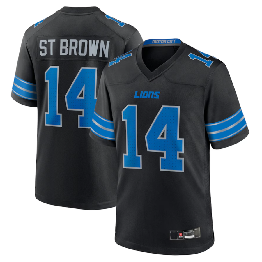 D.Lions #14 Amon-Ra St. Brown Player Black Game Football Jerseys football jersey product view 1
