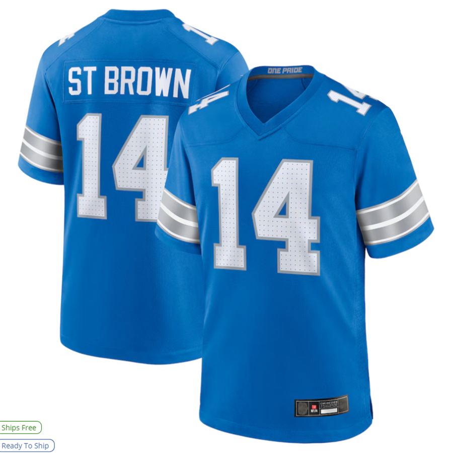 D.Lions #14 Amon-Ra St. Brown Player Blue Game Football Jerseys football jersey product view 1