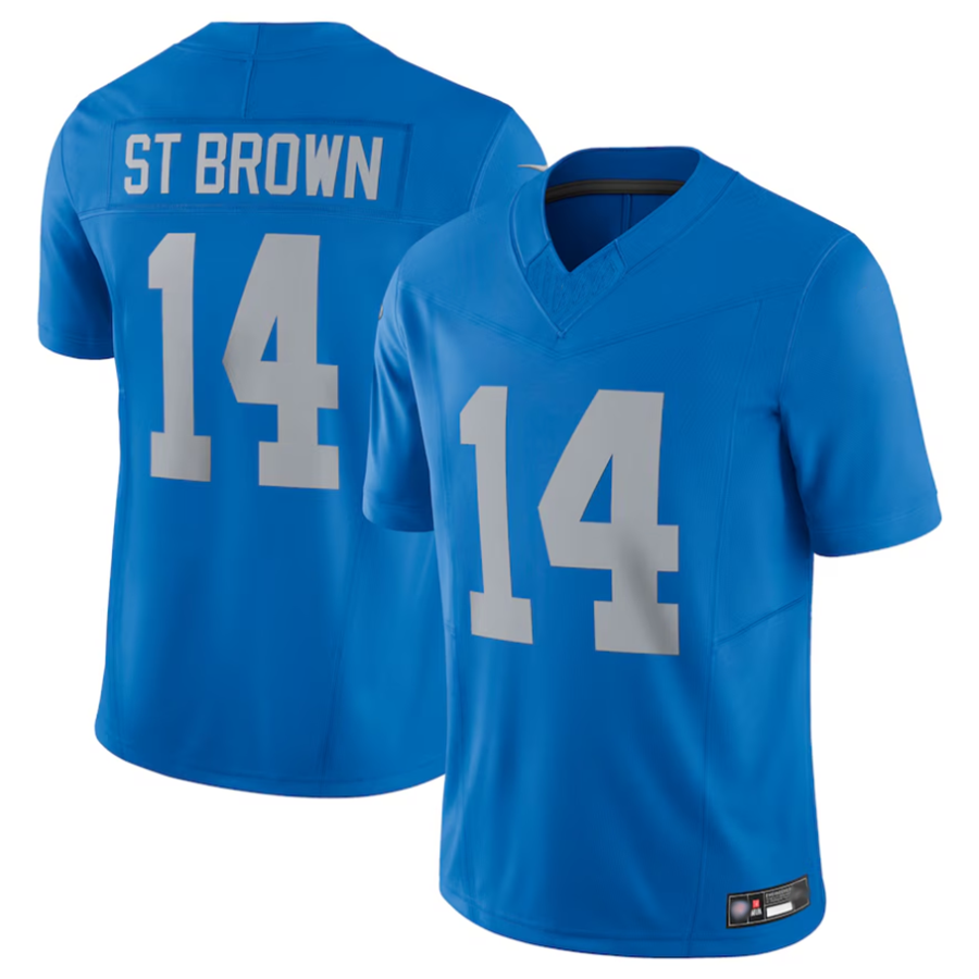 D.Lions #14 Amon-Ra St. Brown Player Blue Vapor F.U.S.E. Limited Football Jerseys football jersey product view 1