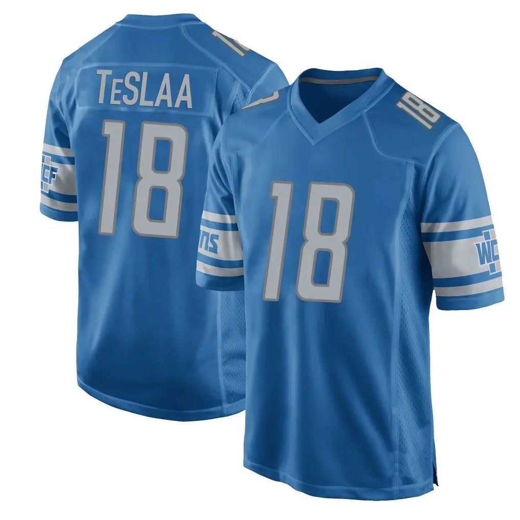 D.Lions #18 Isaac TeSlaa Player Blue Game Football Jerseys football jersey product view 1
